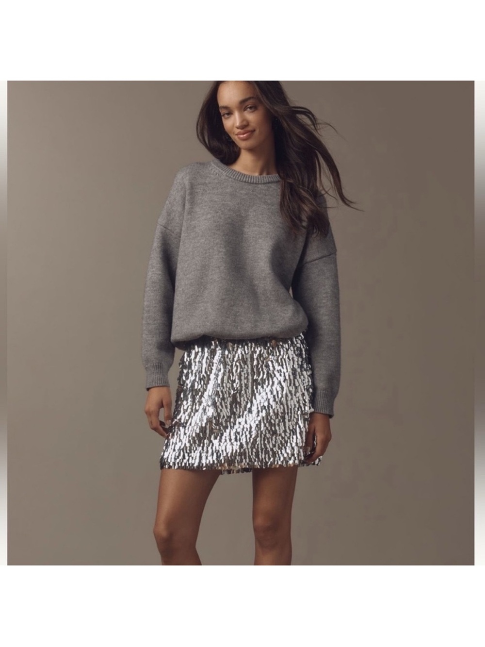 NWT Anthropologie Mare Mare Gray Long-Sleeve Knit Sequin Twofer Mini Dress XL